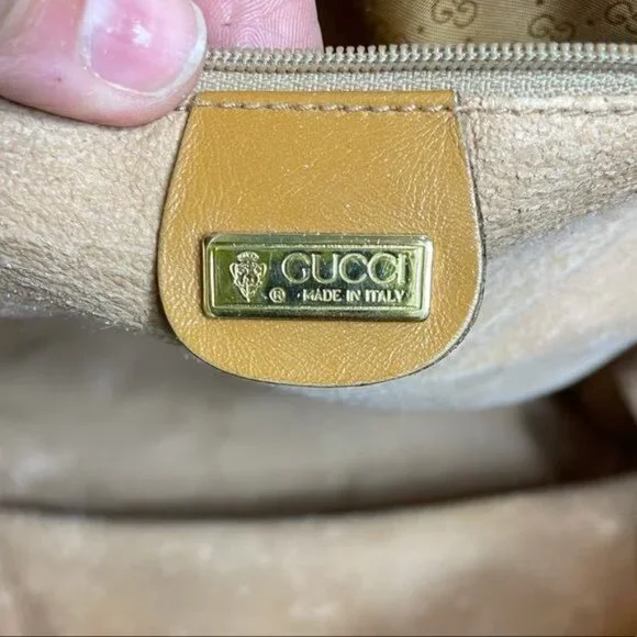 Gucci Vintage Trapezoid Canvas Logo Monogram Tan Gold Leather Tote Bag - Picture 7 of 15